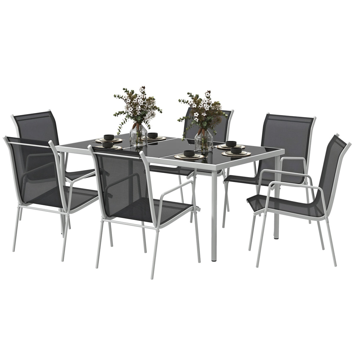 7-piece seating group Dining group for 6 people Dining table with 6 stackable chairs Dining room group with glass table Kitchen table set Balcony furniture Garden furniture for terrace, balcony Dining room Black |