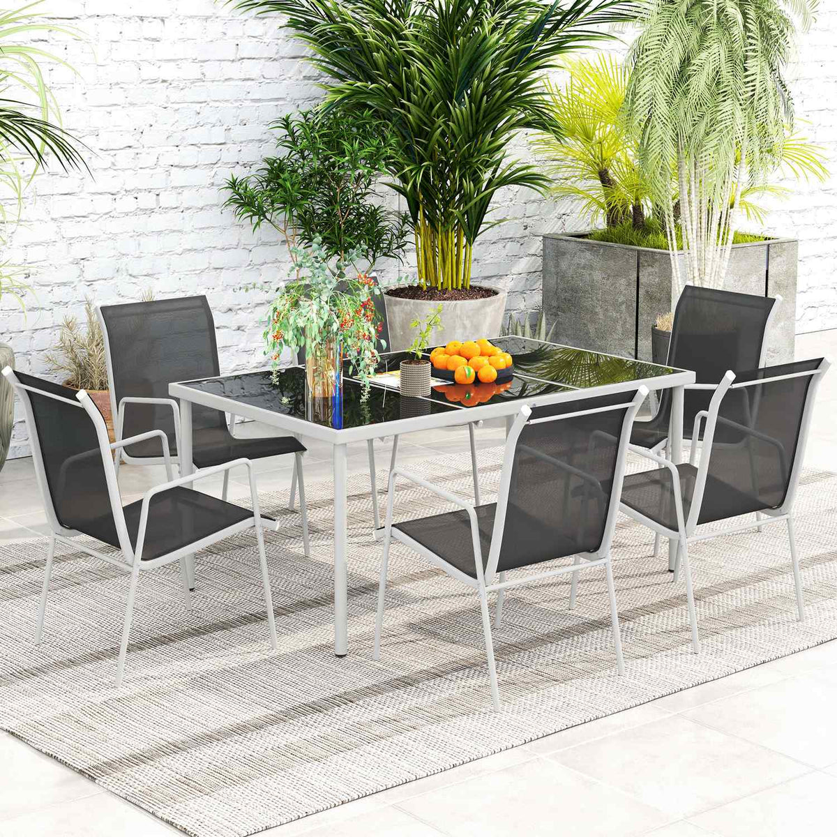 7-piece seating group Dining group for 6 people Dining table with 6 stackable chairs Dining room group with glass table Kitchen table set Balcony furniture Garden furniture for terrace, balcony Dining room Black |