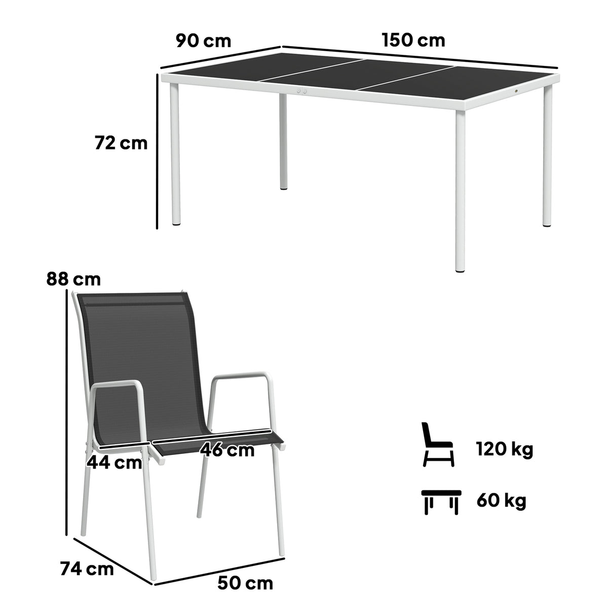 7-piece seating group Dining group for 6 people Dining table with 6 stackable chairs Dining room group with glass table Kitchen table set Balcony furniture Garden furniture for terrace, balcony Dining room Black |