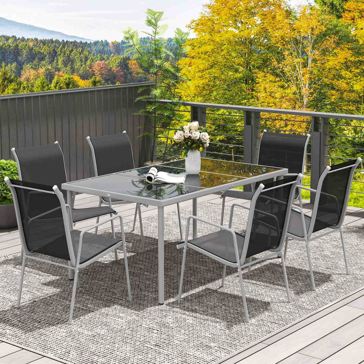 7-piece seating group Dining group for 6 people Dining table with 6 stackable chairs Dining room group with glass table Kitchen table set Balcony furniture Garden furniture for terrace, balcony Dining room Black |
