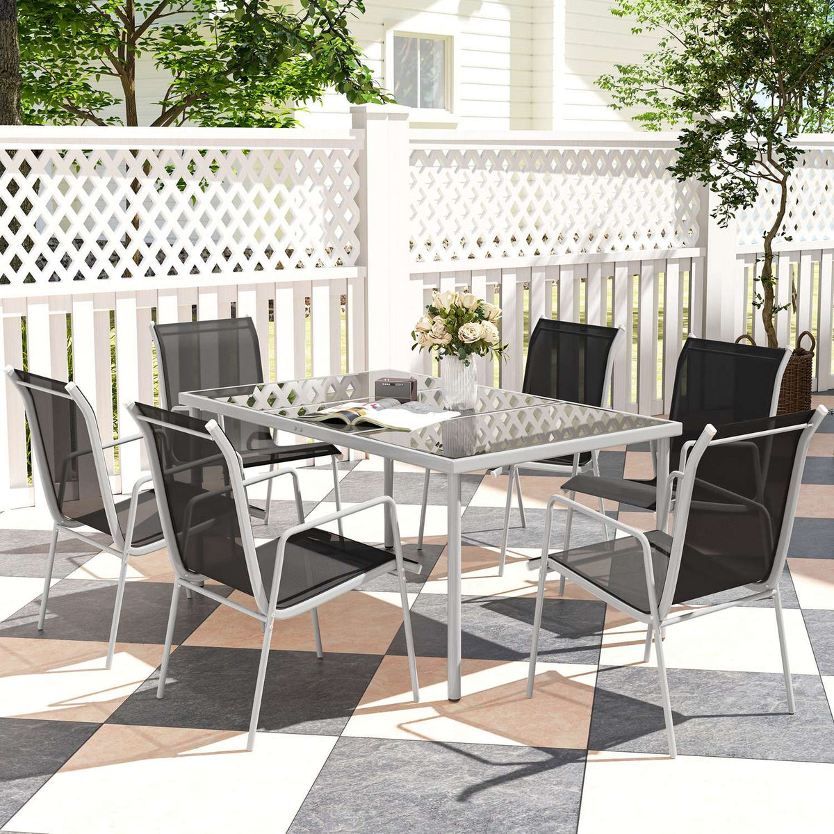 7-piece seating group Dining group for 6 people Dining table with 6 stackable chairs Dining room group with glass table Kitchen table set Balcony furniture Garden furniture for terrace, balcony Dining room Black |