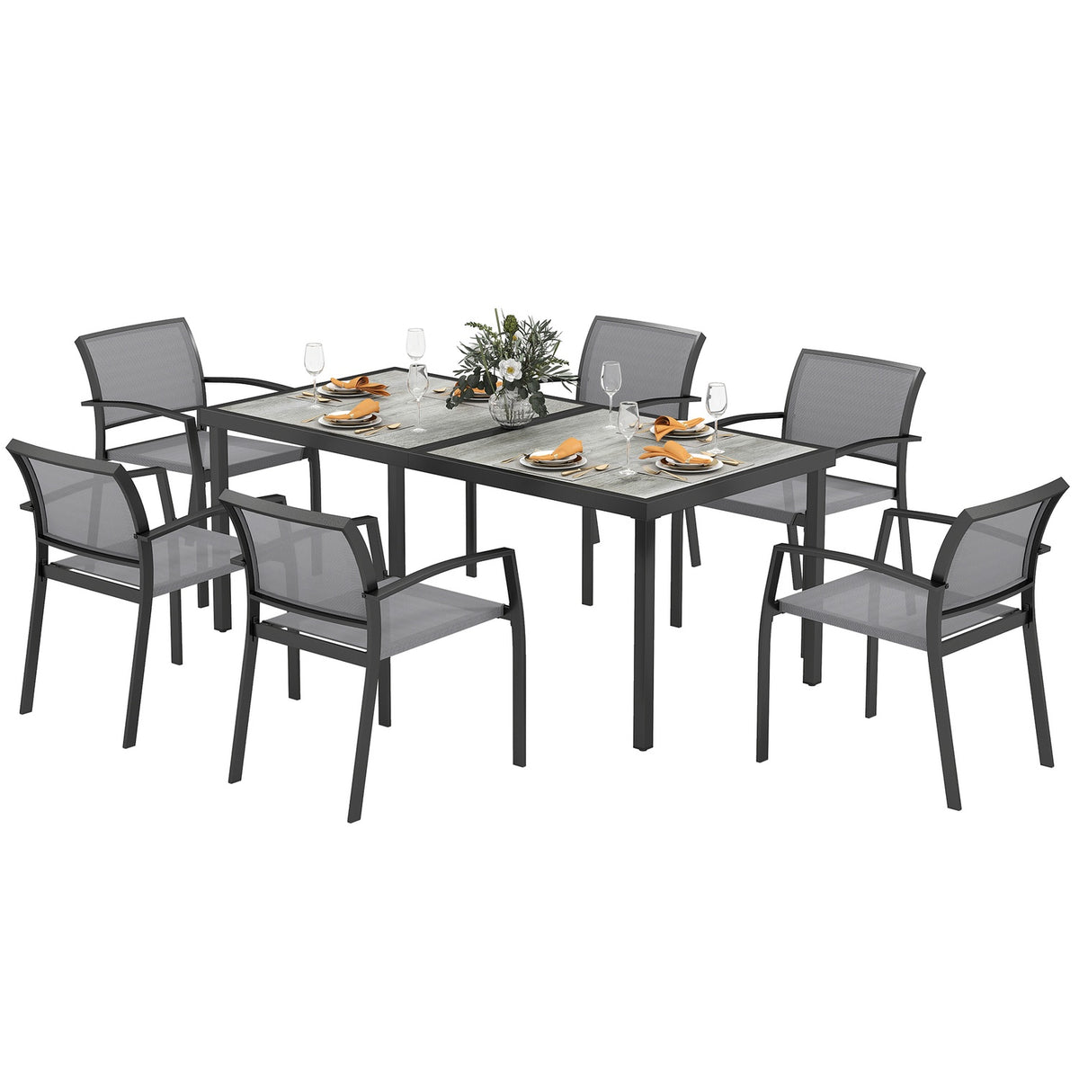 7-piece seating group. Dining group for 6 people, dining table with 6 stackable chairs, dining room group, kitchen table set with steel frame, balcony furniture, garden furniture for terrace, balcony, gray