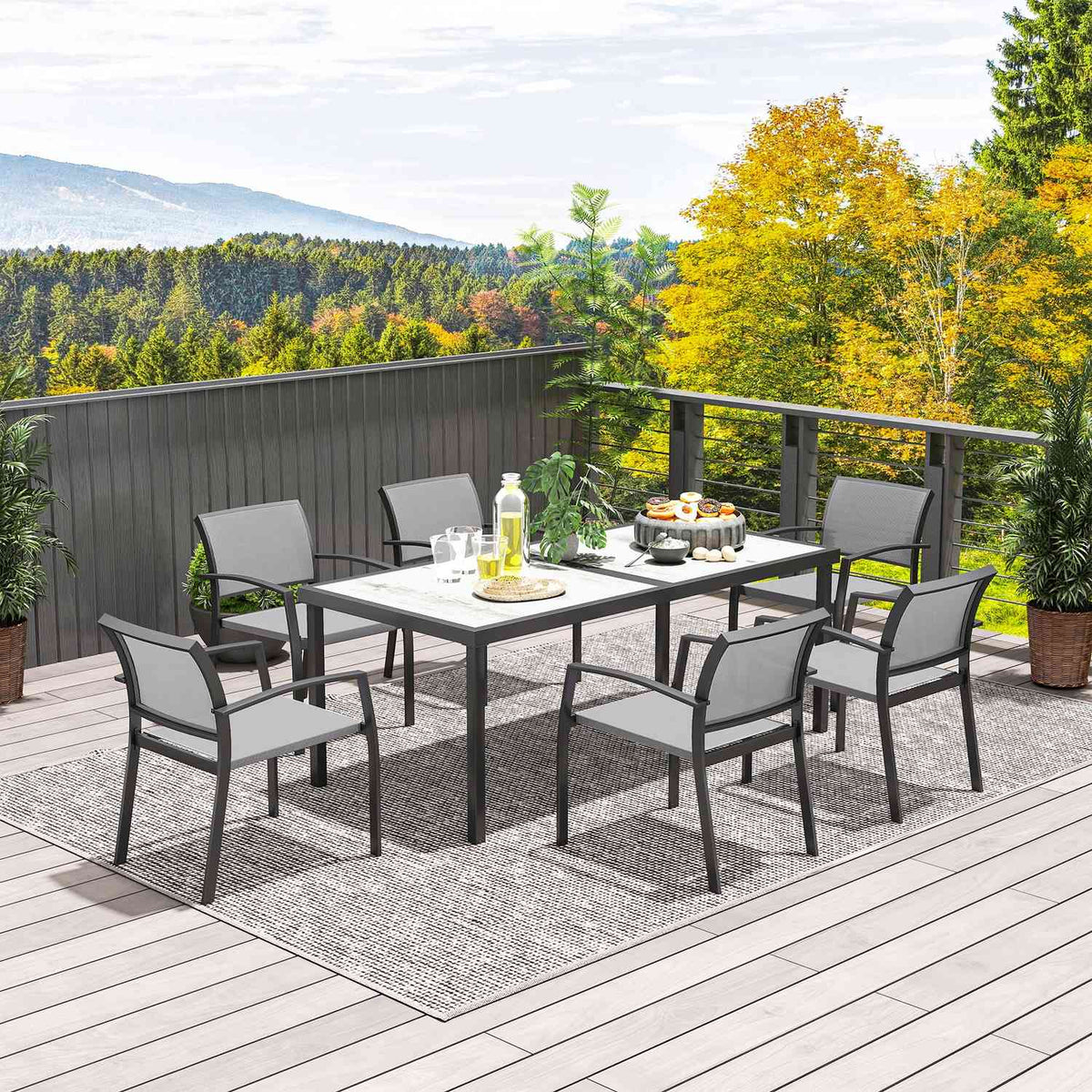 7-piece seating group. Dining group for 6 people, dining table with 6 stackable chairs, dining room group, kitchen table set with steel frame, balcony furniture, garden furniture for terrace, balcony, gray