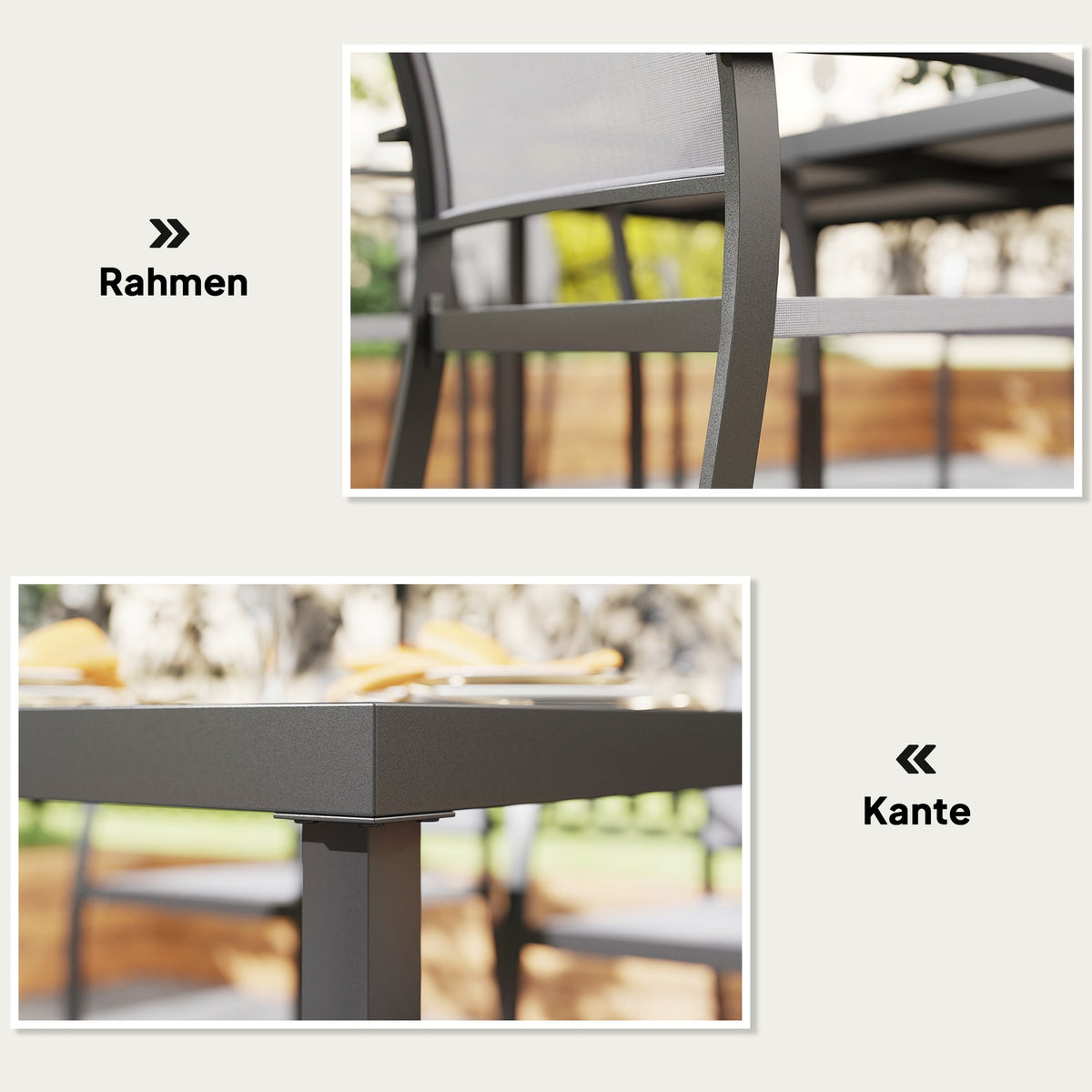 7-piece seating group. Dining group for 6 people, dining table with 6 stackable chairs, dining room group, kitchen table set with steel frame, balcony furniture, garden furniture for terrace, balcony, gray