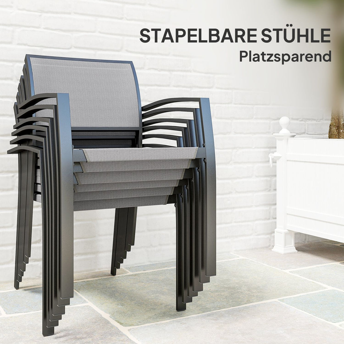 7-piece seating group. Dining group for 6 people, dining table with 6 stackable chairs, dining room group, kitchen table set with steel frame, balcony furniture, garden furniture for terrace, balcony, gray