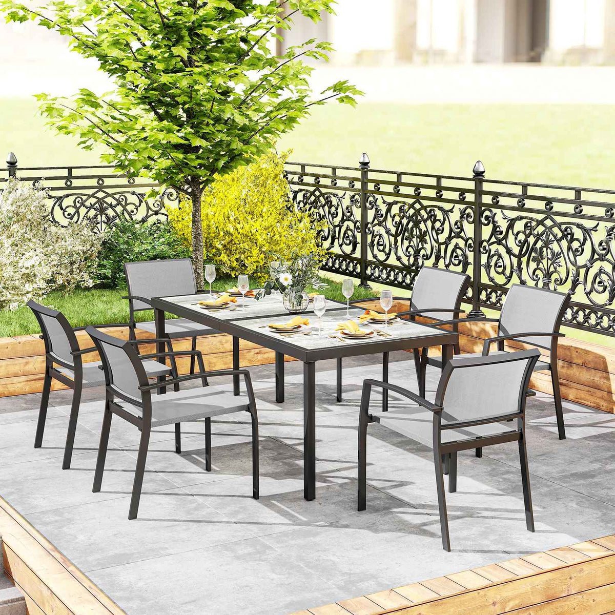 7-piece seating group. Dining group for 6 people, dining table with 6 stackable chairs, dining room group, kitchen table set with steel frame, balcony furniture, garden furniture for terrace, balcony, gray