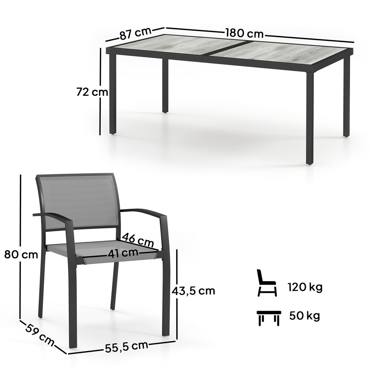 7-piece seating group. Dining group for 6 people, dining table with 6 stackable chairs, dining room group, kitchen table set with steel frame, balcony furniture, garden furniture for terrace, balcony, gray