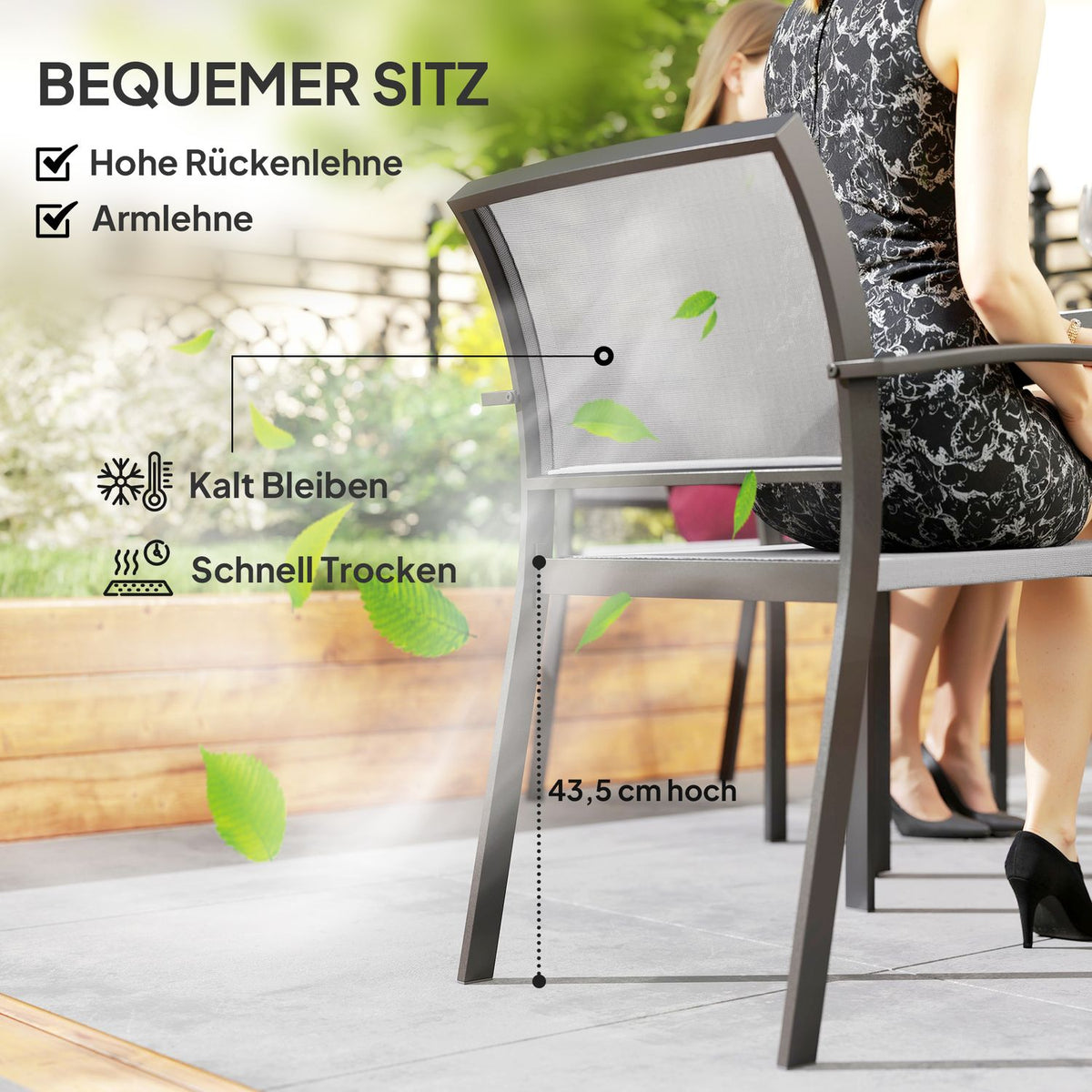 7-piece seating group. Dining group for 6 people, dining table with 6 stackable chairs, dining room group, kitchen table set with steel frame, balcony furniture, garden furniture for terrace, balcony, gray