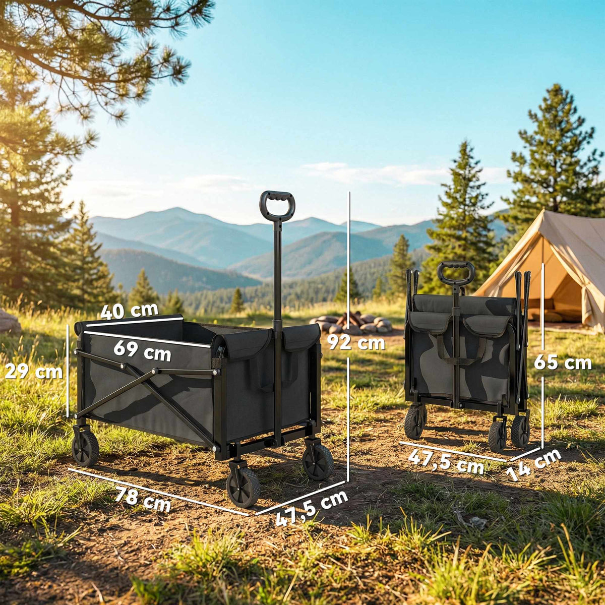 80L Folding Garden Cart with Adjustable Handle, Black