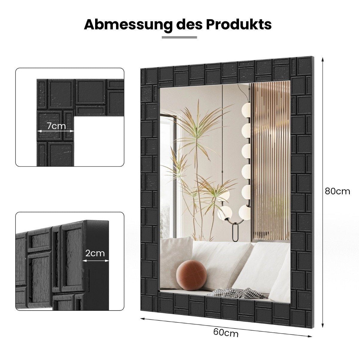80 x 60 cm wall mirror made of rubberwood with solid wood frame, bathroom mirror, cosmetic mirror, black