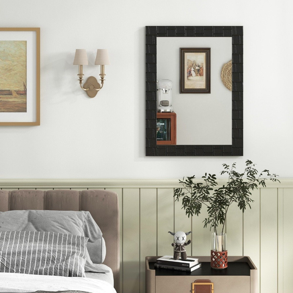 80 x 60 cm wall mirror made of rubberwood with solid wood frame, bathroom mirror, cosmetic mirror, black