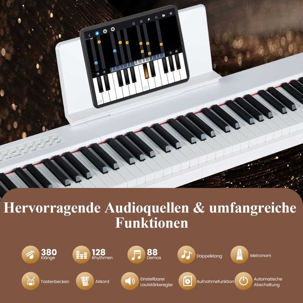 88-Key Digital Piano, Full-Size, Portable, White