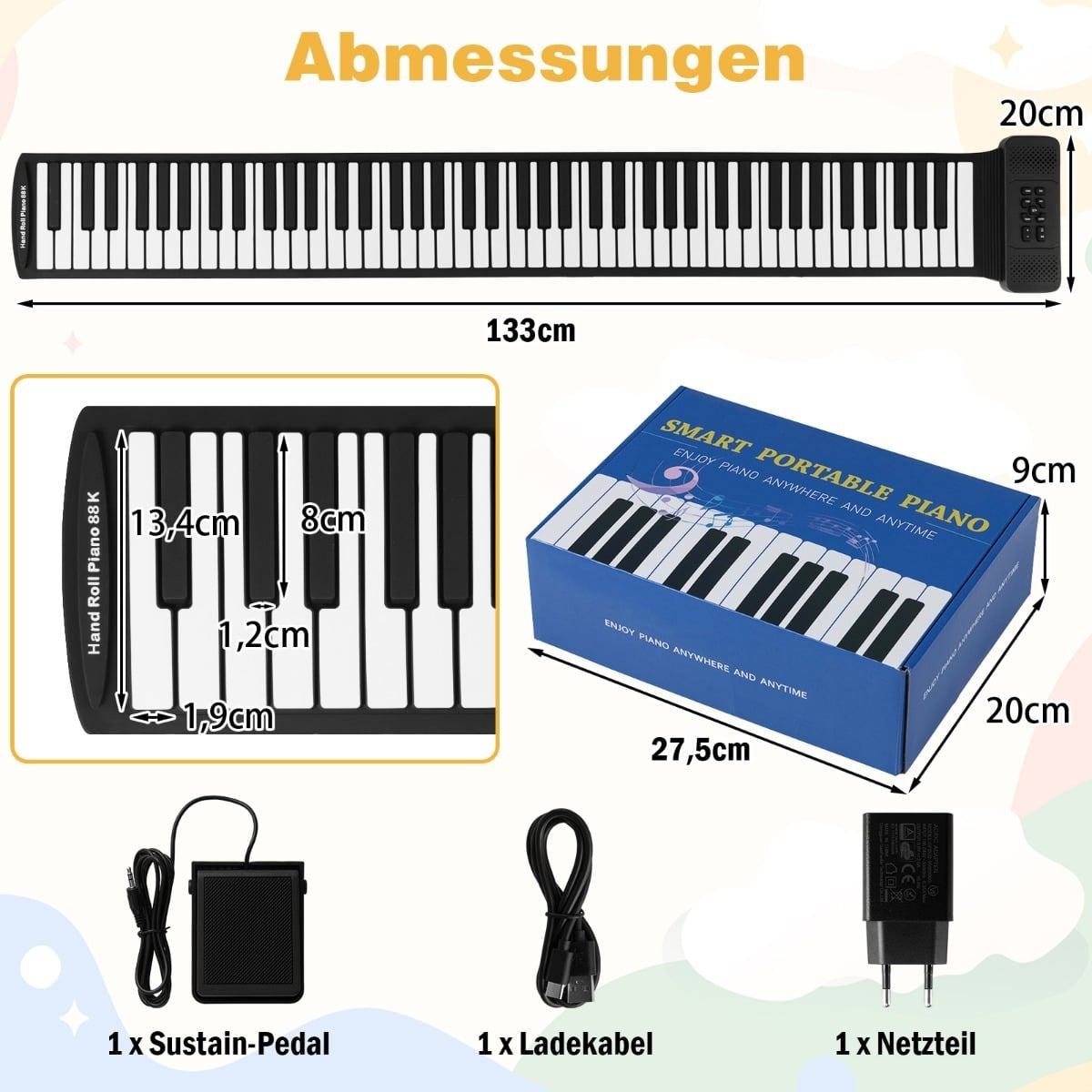 88-Key Roll-Up Piano, Portable with 128 Rhythms & MIDI
