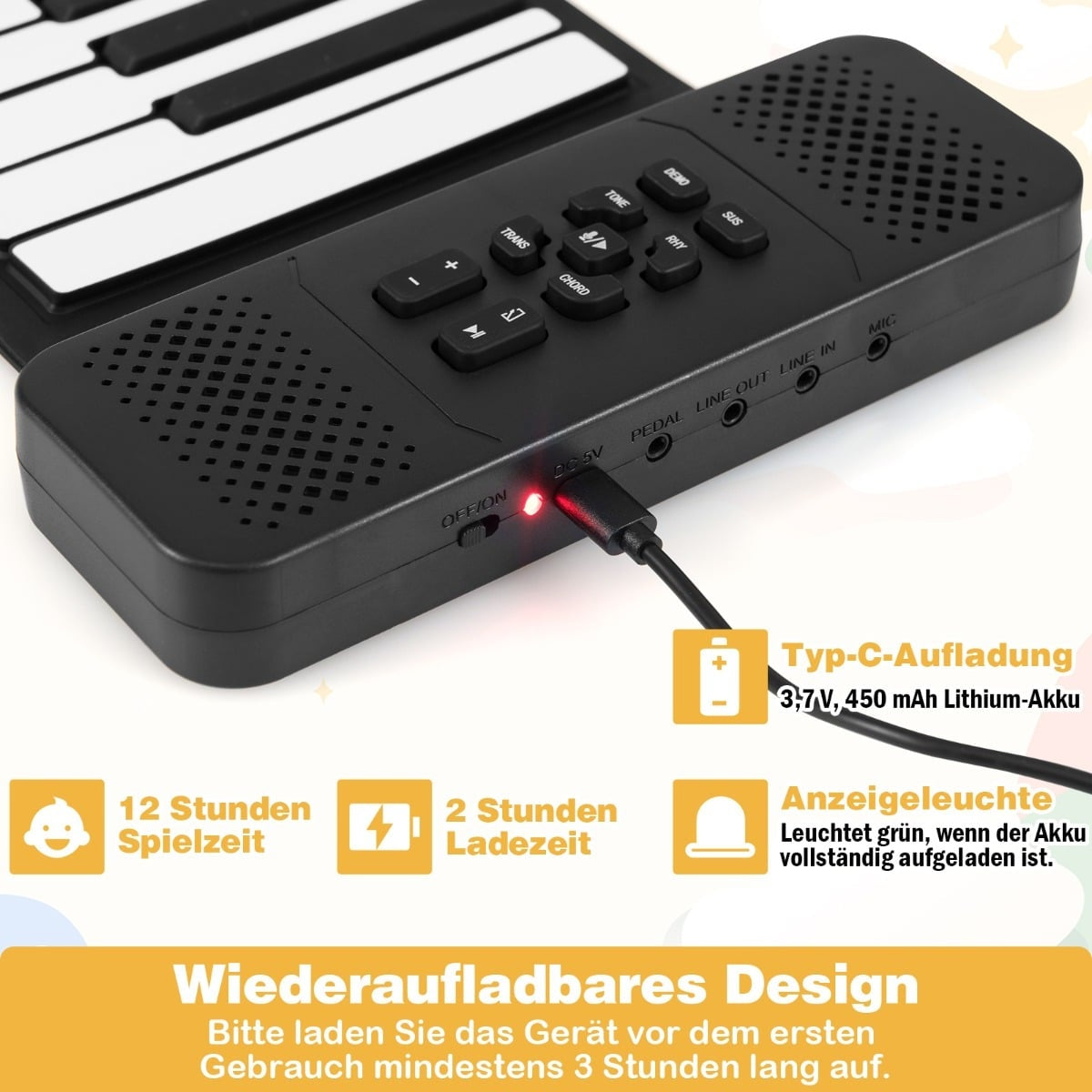 88-Key Roll-Up Piano, Portable with 128 Rhythms & MIDI
