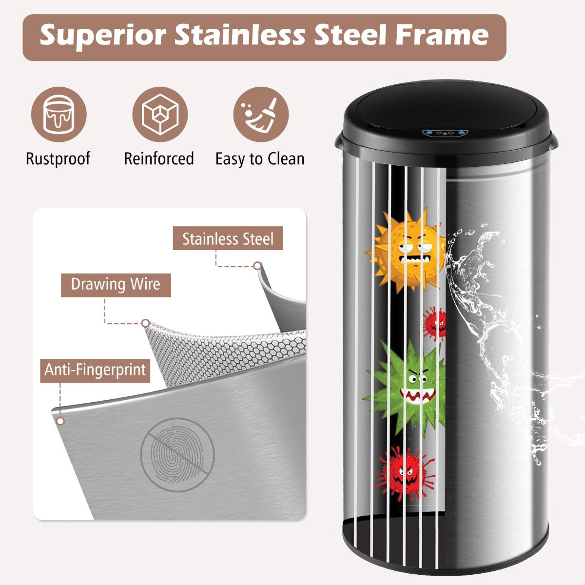 8 Gallon Touchless Motion Sensor Trash Can, Stainless Steel, Silver