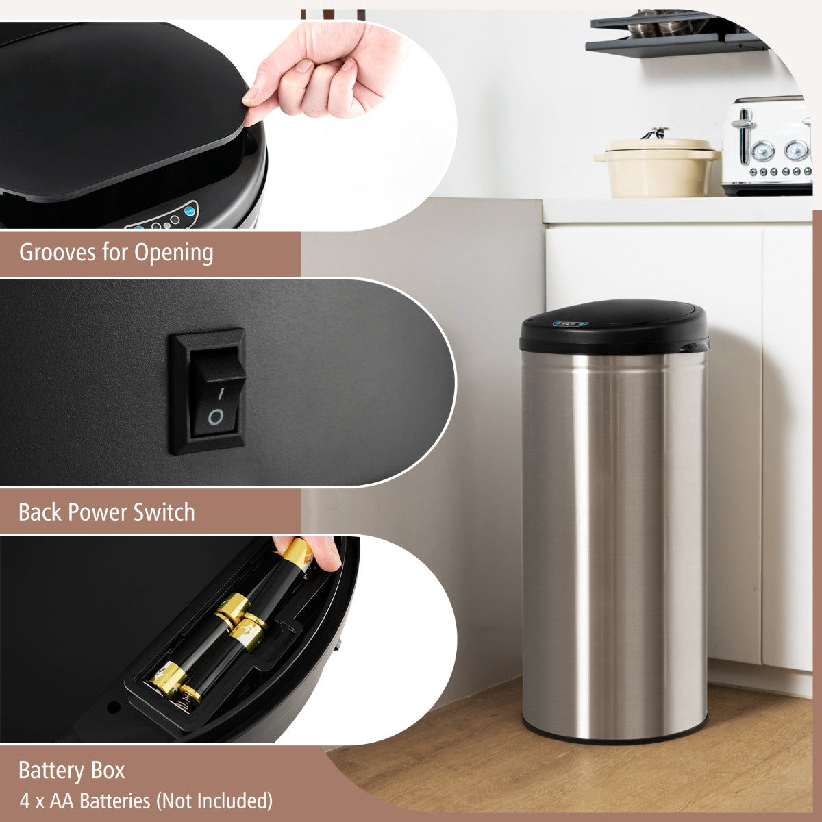 8 Gallon Touchless Motion Sensor Trash Can, Stainless Steel, Silver
