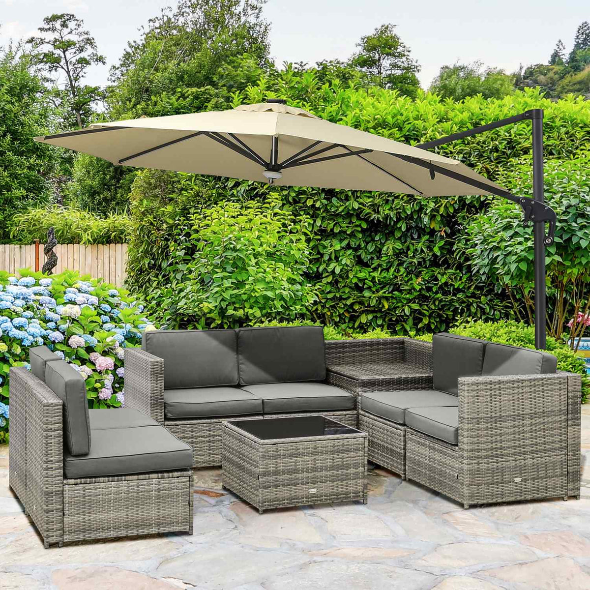 8 Pcs. Polyrattan Garden Set, Garden Furniture, Garden Set, Seating Group, Lounge Set, Lounge Furniture, Side Table As A Storage Basket, Gray Steel + Polyester, 58 X 58 X 37 Cm