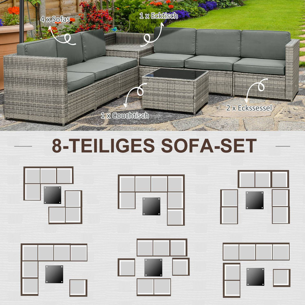 8 Pcs. Polyrattan Garden Set, Garden Furniture, Garden Set, Seating Group, Lounge Set, Lounge Furniture, Side Table As A Storage Basket, Gray Steel + Polyester, 58 X 58 X 37 Cm
