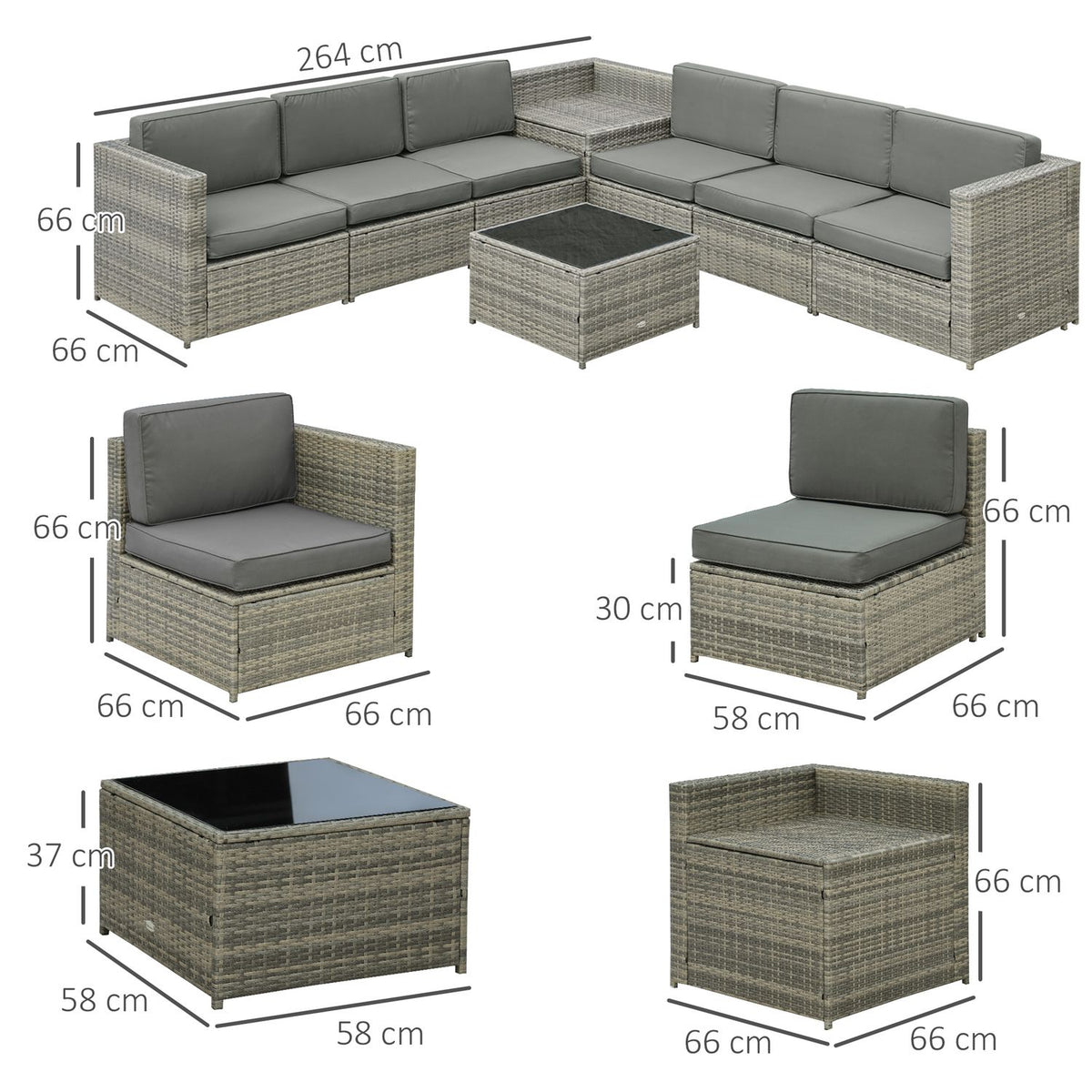 8 Pcs. Polyrattan Garden Set, Garden Furniture, Garden Set, Seating Group, Lounge Set, Lounge Furniture, Side Table As A Storage Basket, Gray Steel + Polyester, 58 X 58 X 37 Cm