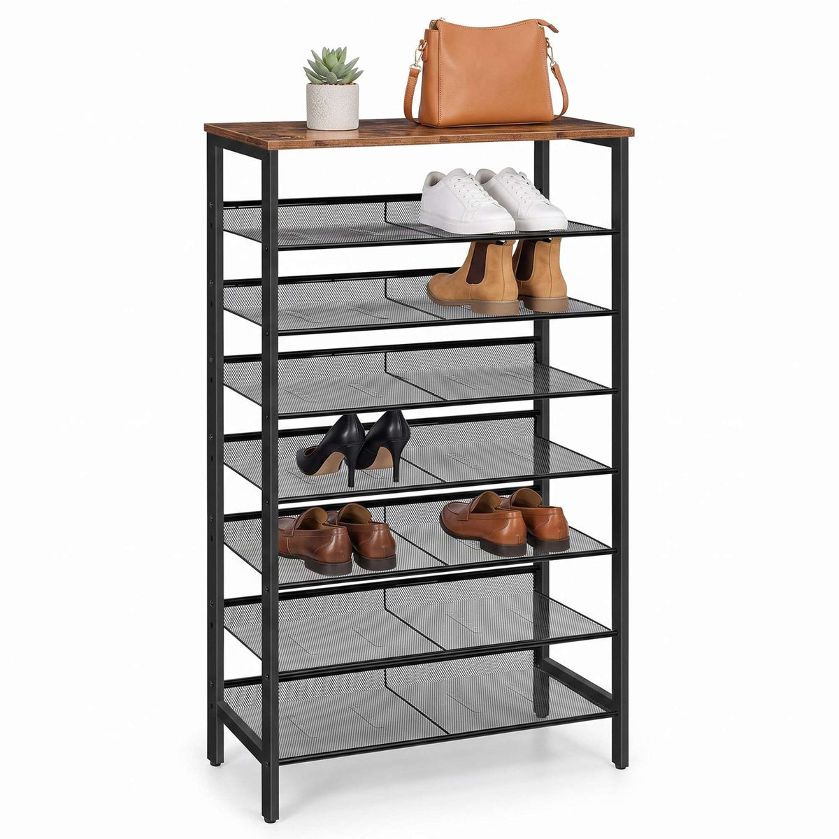 8-Tier Metal & MDF Shoe Rack, Brown