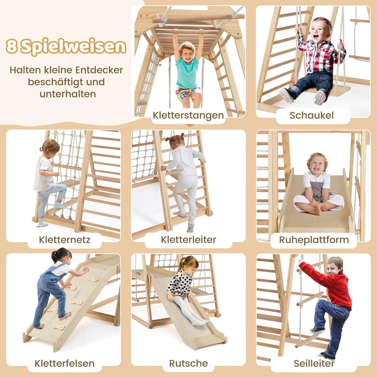 8-in-1 Wooden Montessori Climbing Set for Kids 3-5