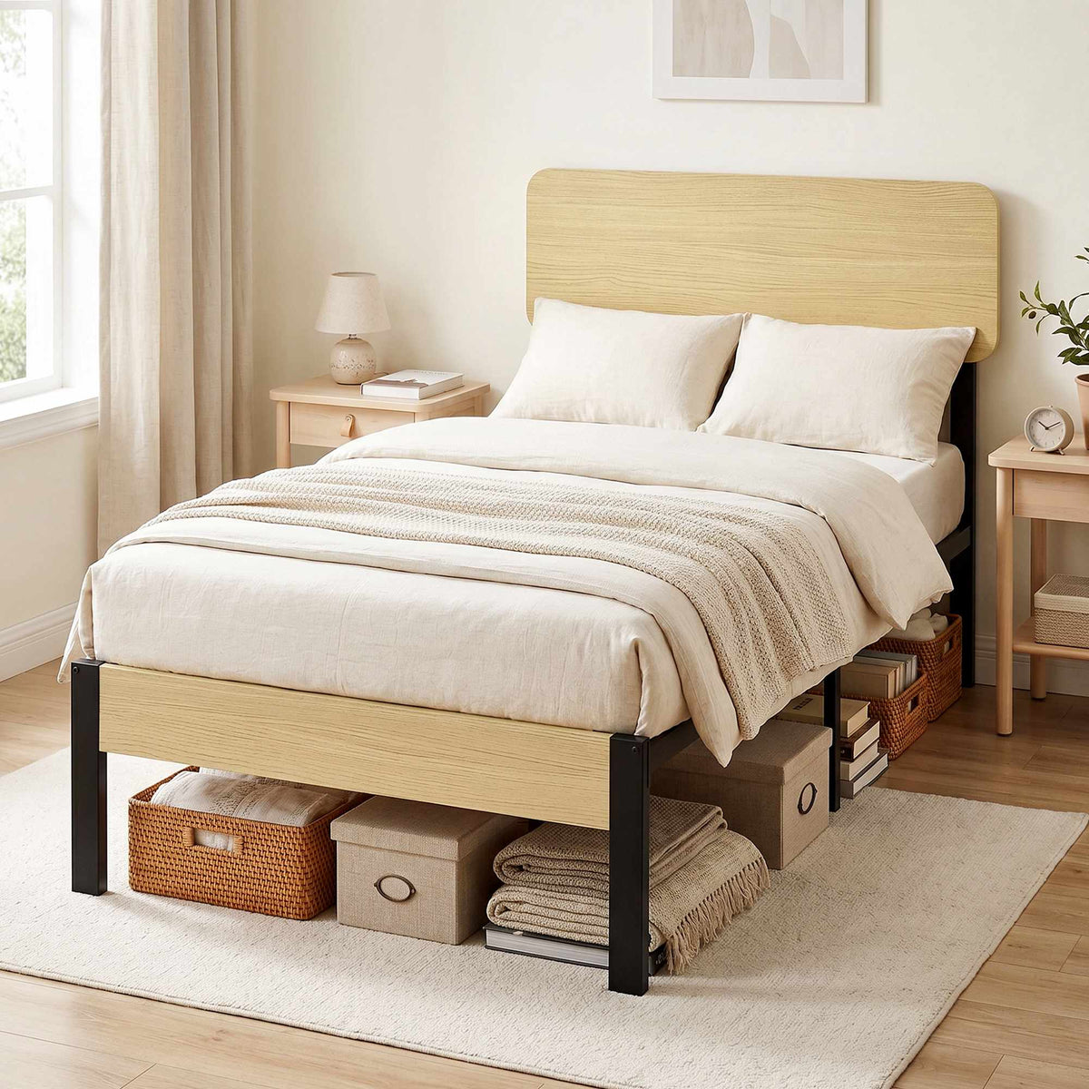 90 x 200 cm Metal Bed Frame with Headboard, Storage