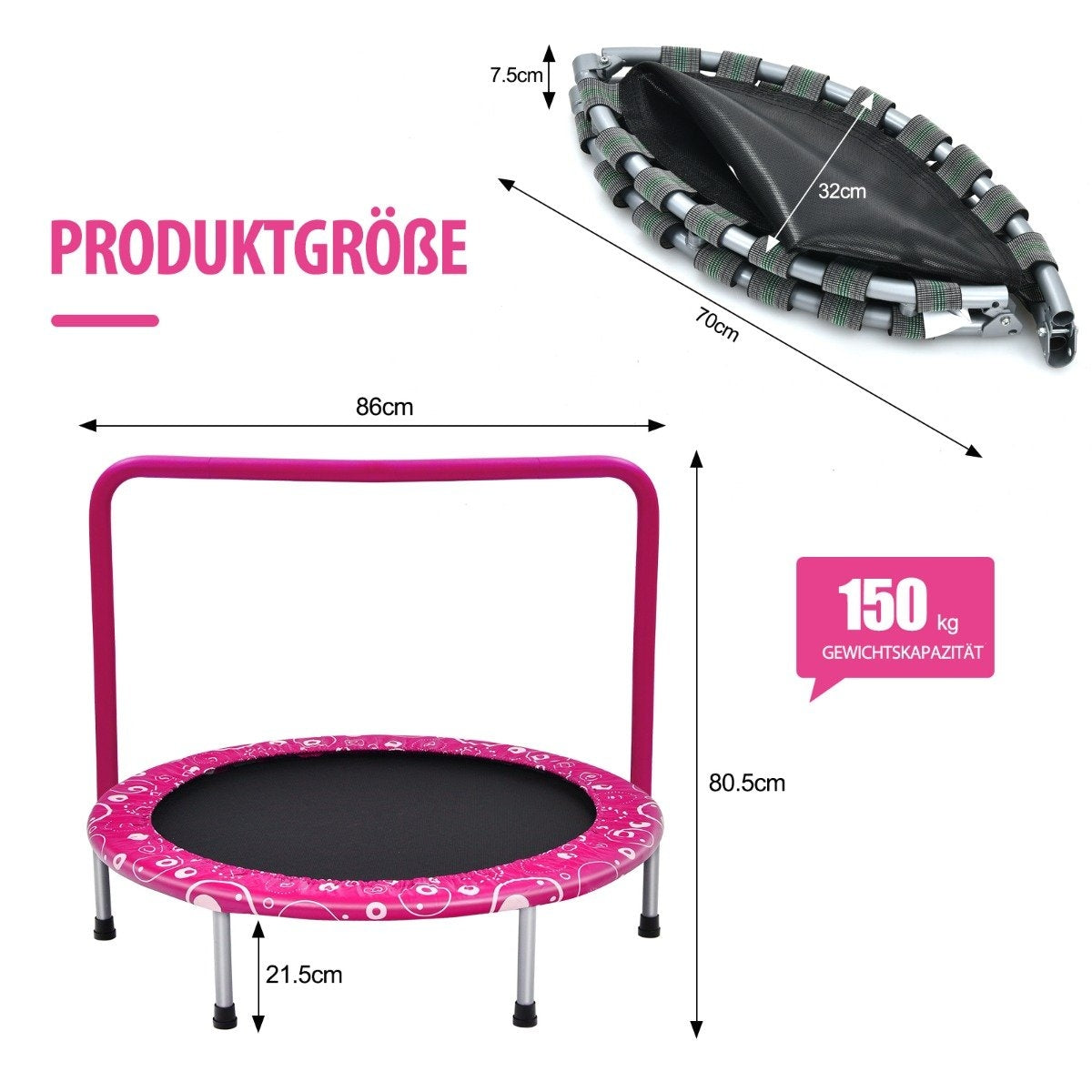 92 cm children's trampoline, mini trampoline with handle, foldable trampoline, load capacity up to 150 kg, pink + black