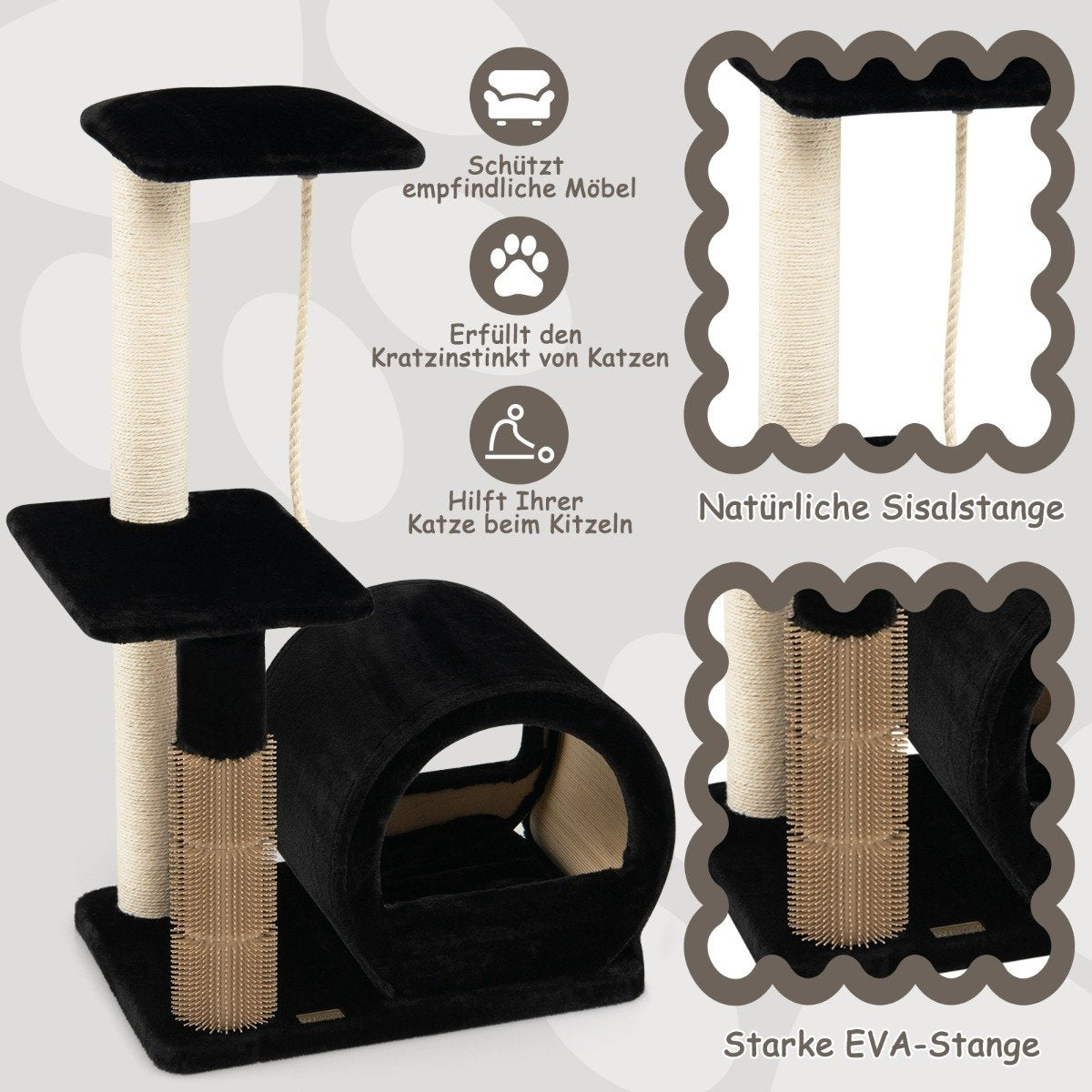 92 cm scratching post with cave & scratching board & grooming brush & ball & plush seat black