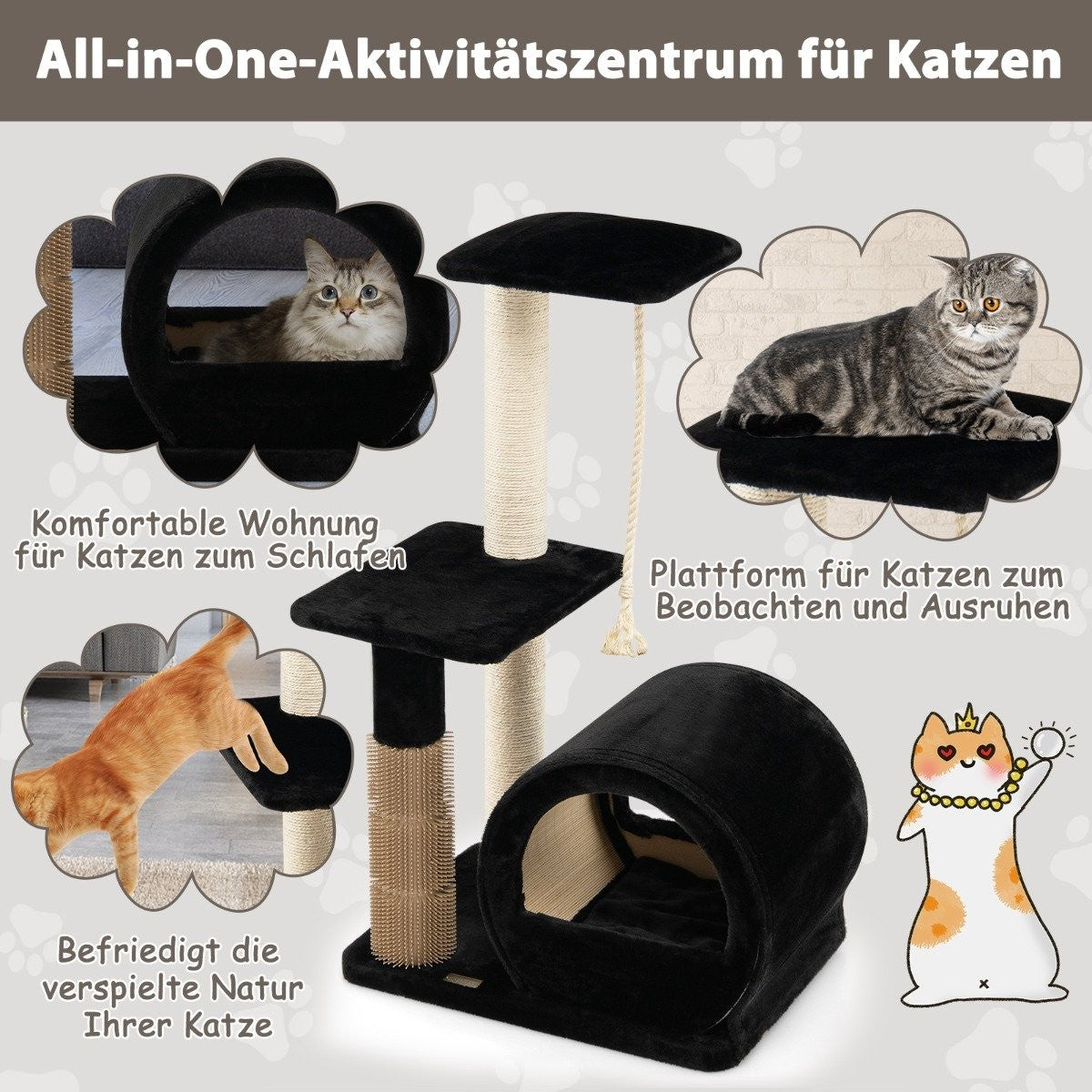 92 cm scratching post with cave & scratching board & grooming brush & ball & plush seat black