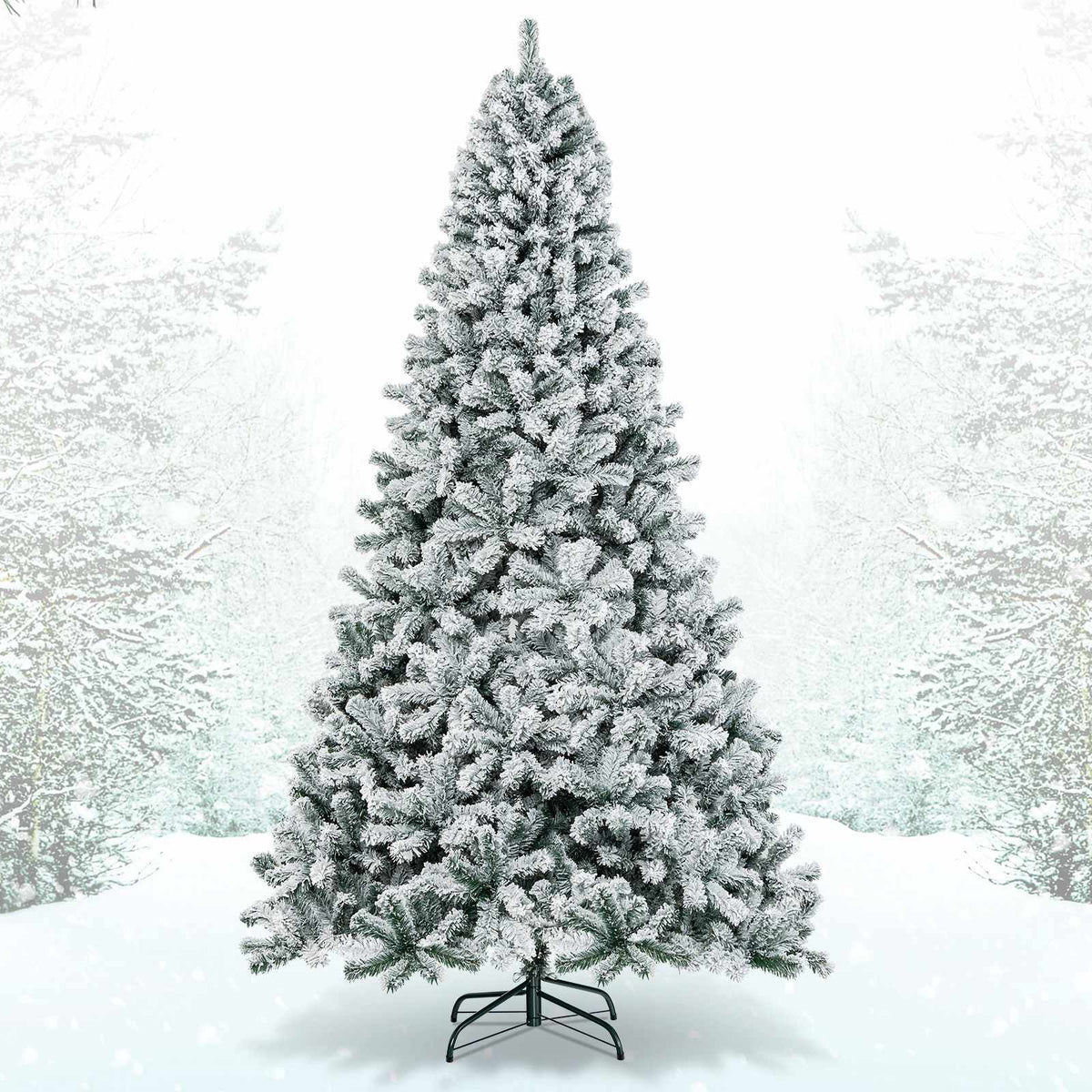 9 Ft Artificial Christmas Tree, Snow-Flocked, Hinged Metal Stand