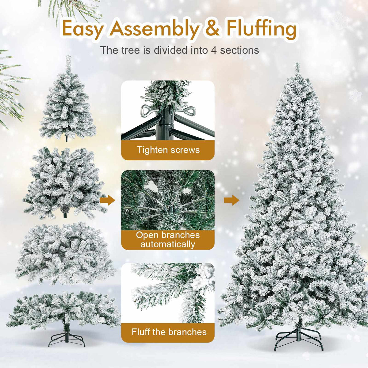 9 Ft Artificial Christmas Tree, Snow-Flocked, Hinged Metal Stand