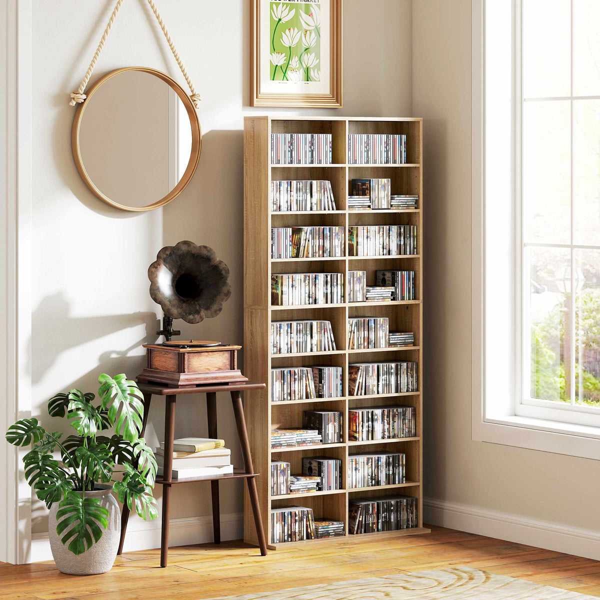 9-Tier DVD Shelf, 18 Compartments, Adjustable Shelves