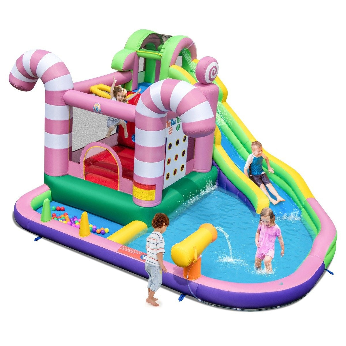 9-in-1 candy-themed water park with slide & water gun & tic-tac-toe game