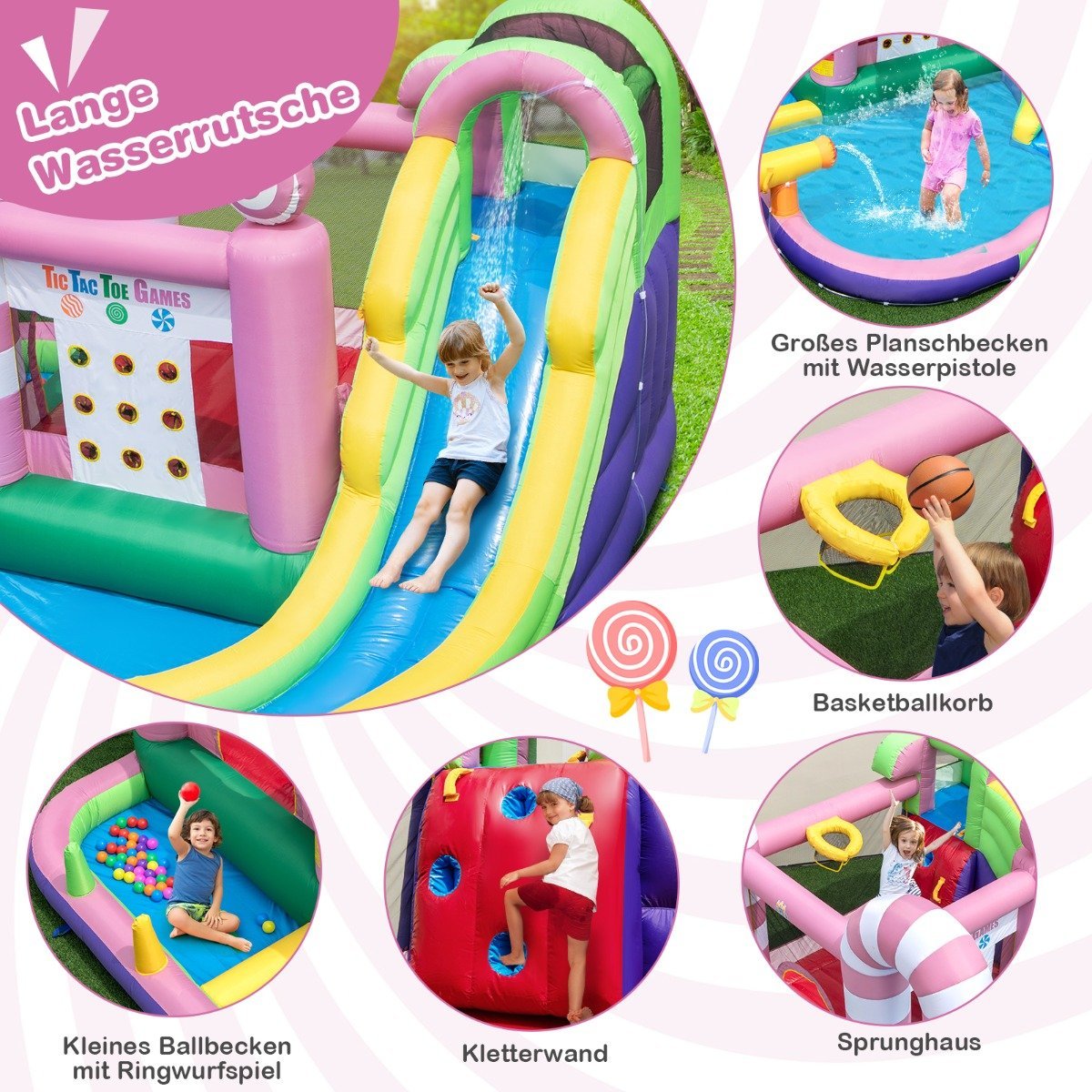 9-in-1 candy-themed water park with slide & water gun & tic-tac-toe game