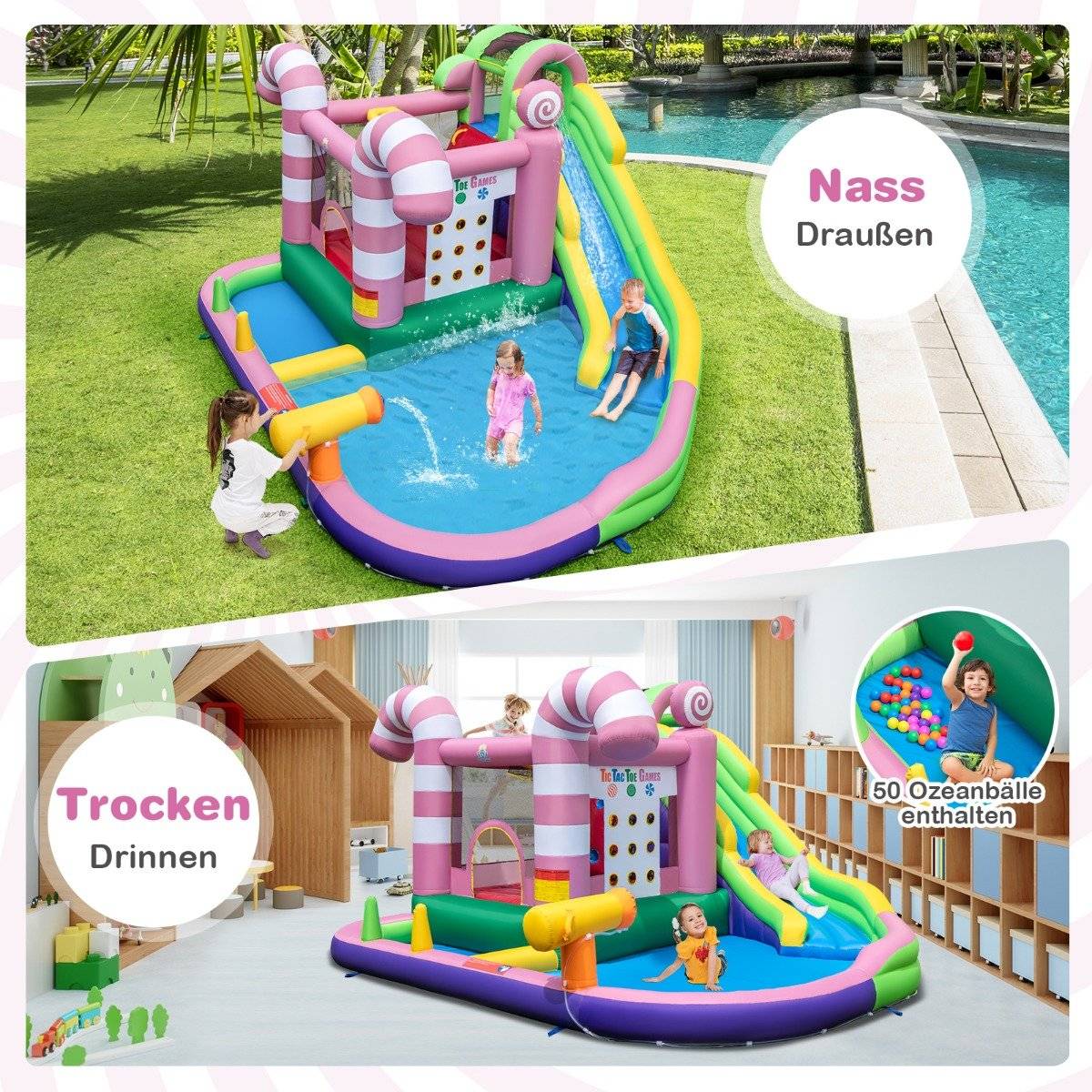 9-in-1 candy-themed water park with slide & water gun & tic-tac-toe game