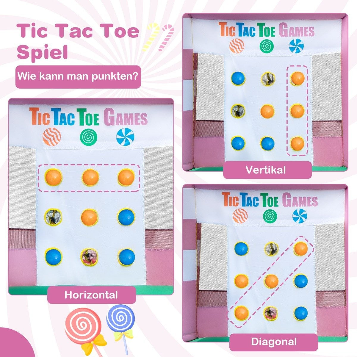 9-in-1 candy-themed water park with slide & water gun & tic-tac-toe game