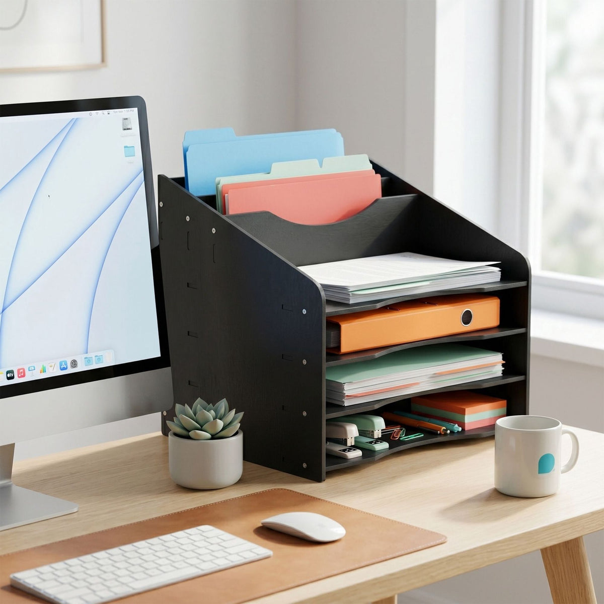 A4 Document Sorter, 6 Compartments, MDF, Black
