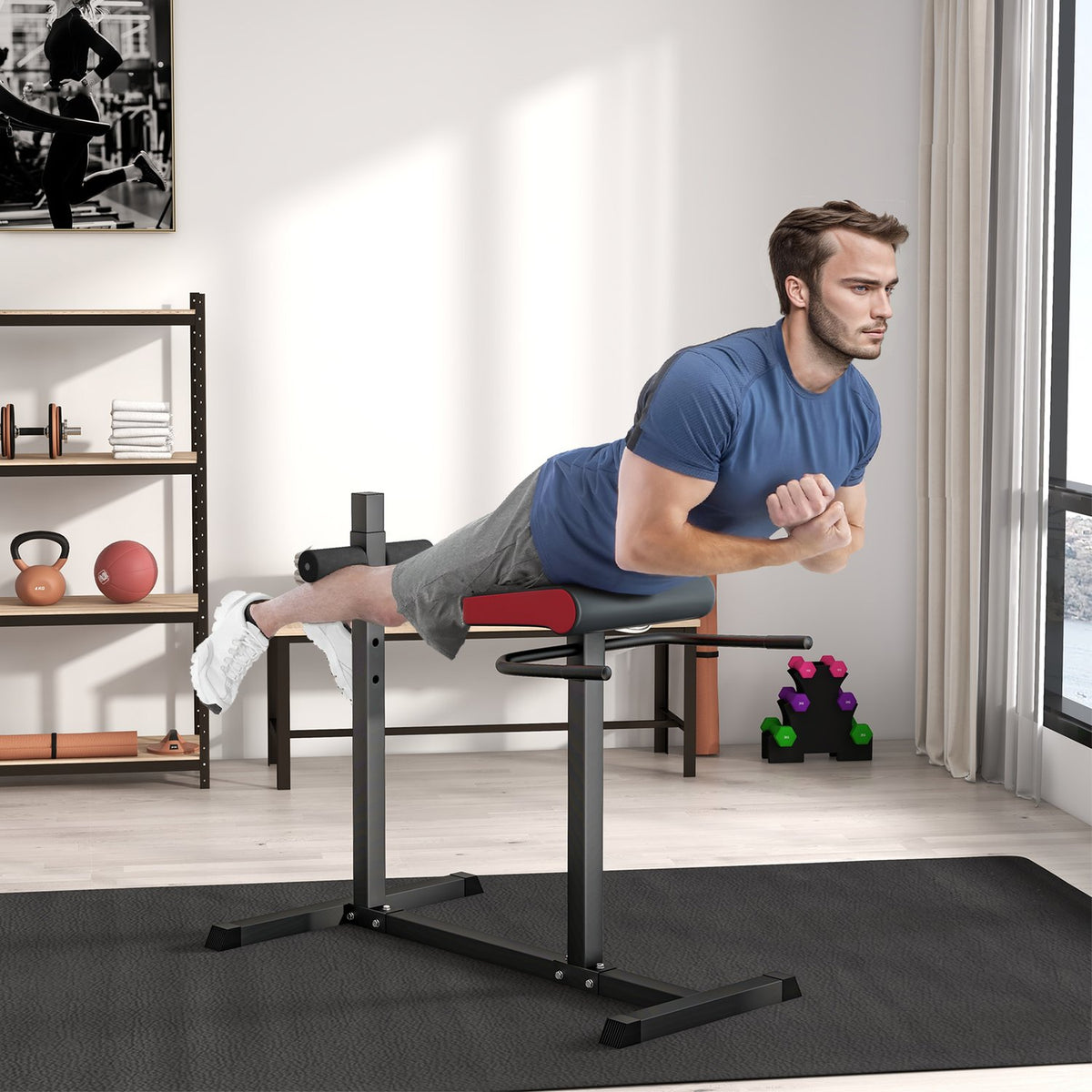 Abdominal & back trainer, activates muscles, 6 leg roller positions, side handles, steel frame