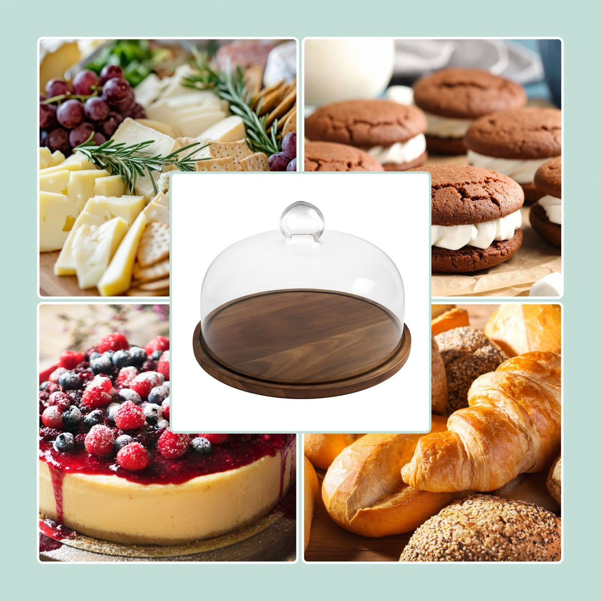 Acacia Wood Cake Stand with Glass Dome Lid
