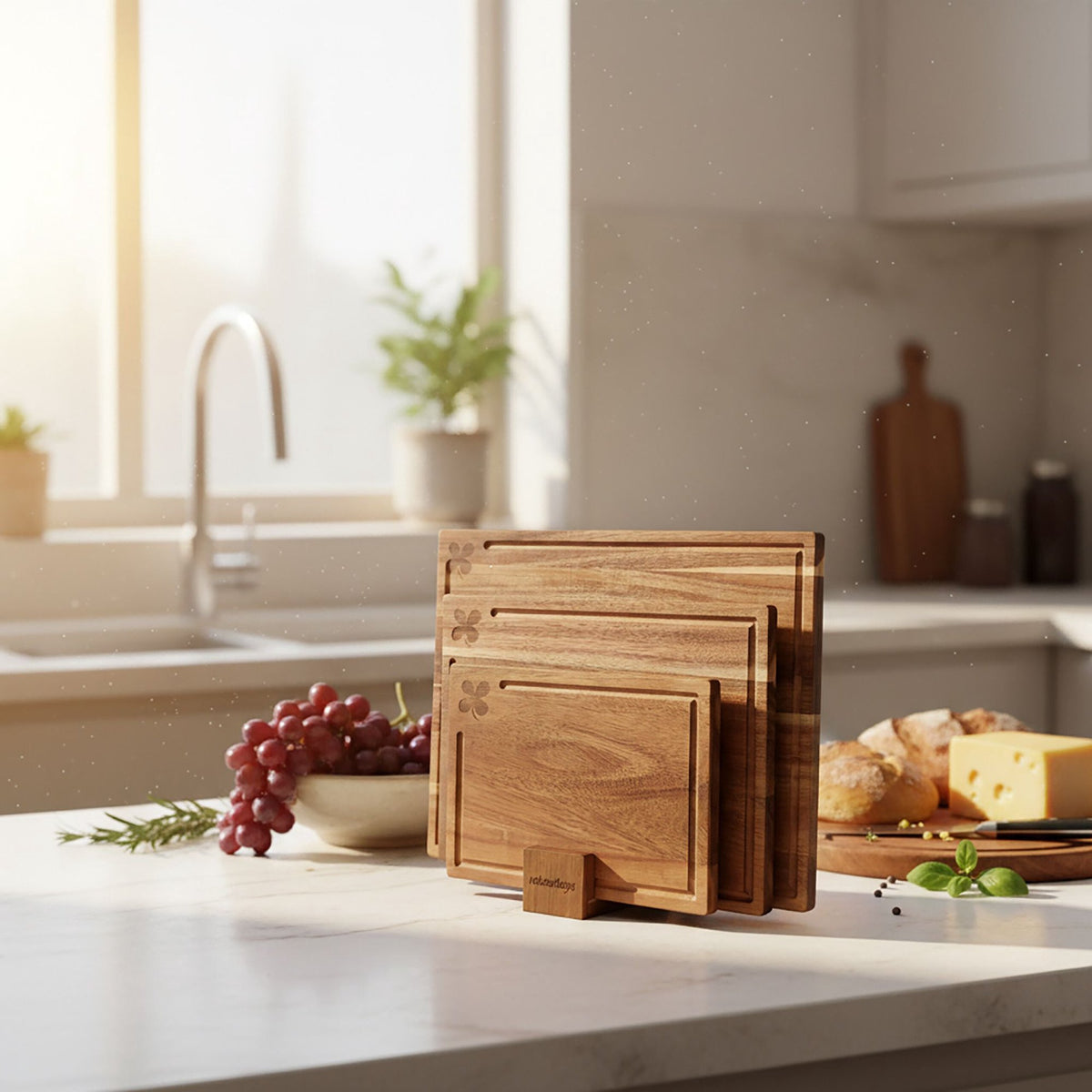Acacia Wood Cutting Boards Set with Stand – 3 Pieces