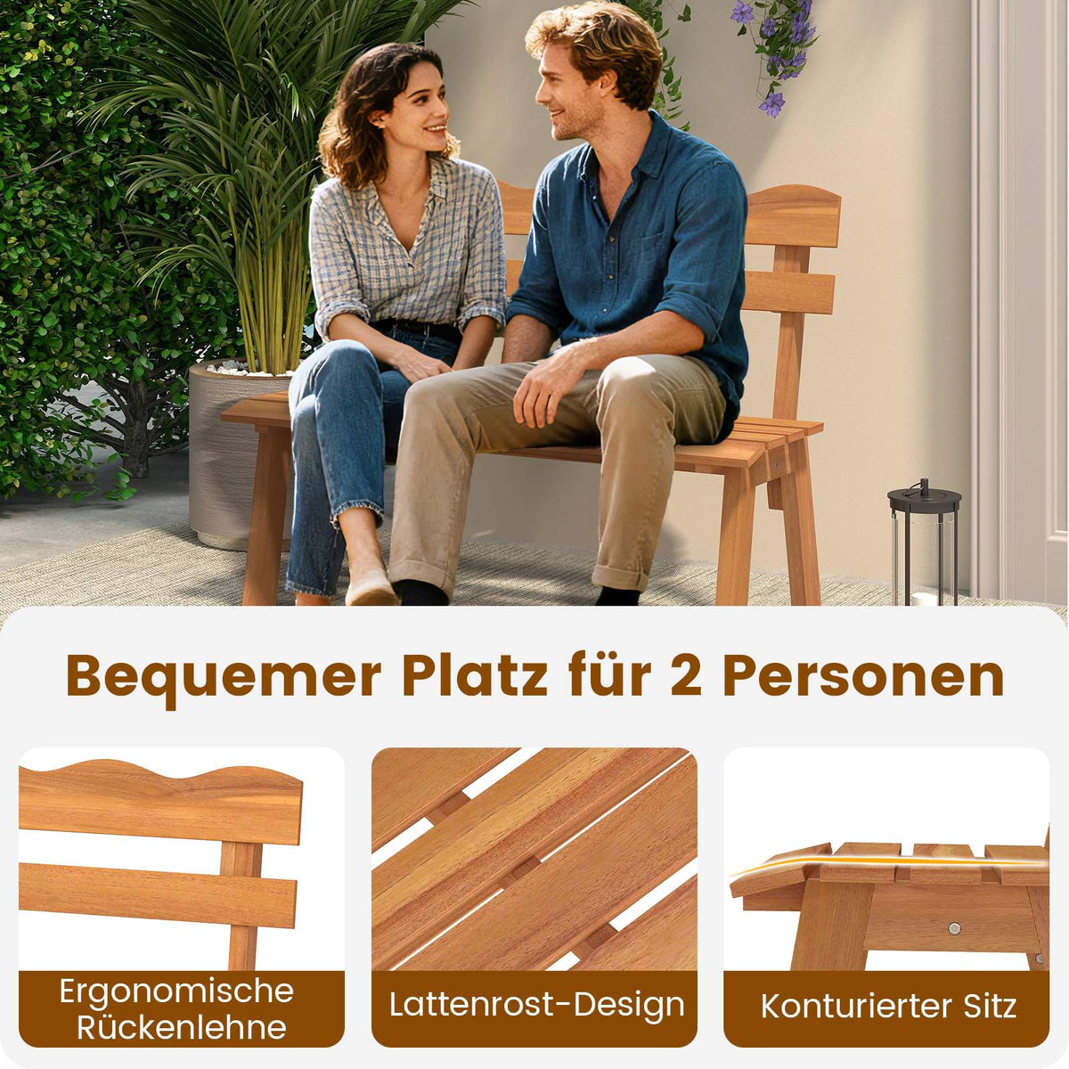 Acacia Wood Garden Bench, 2-Seater, 360kg Capacity