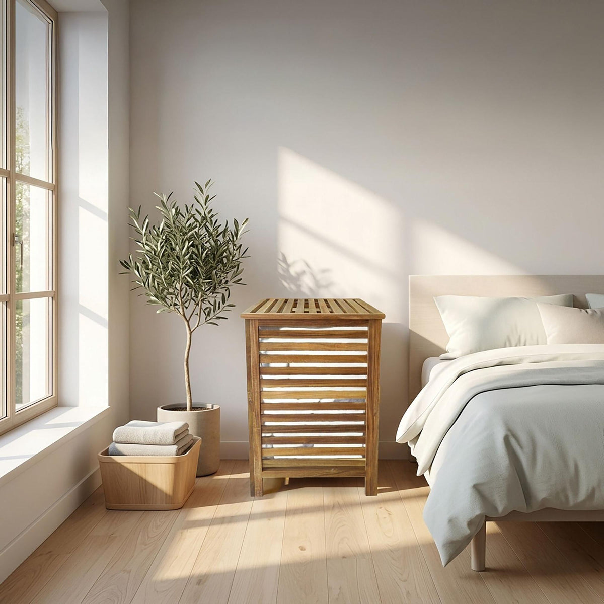 Acacia Wood Laundry Hamper with Lid & Removable Bag