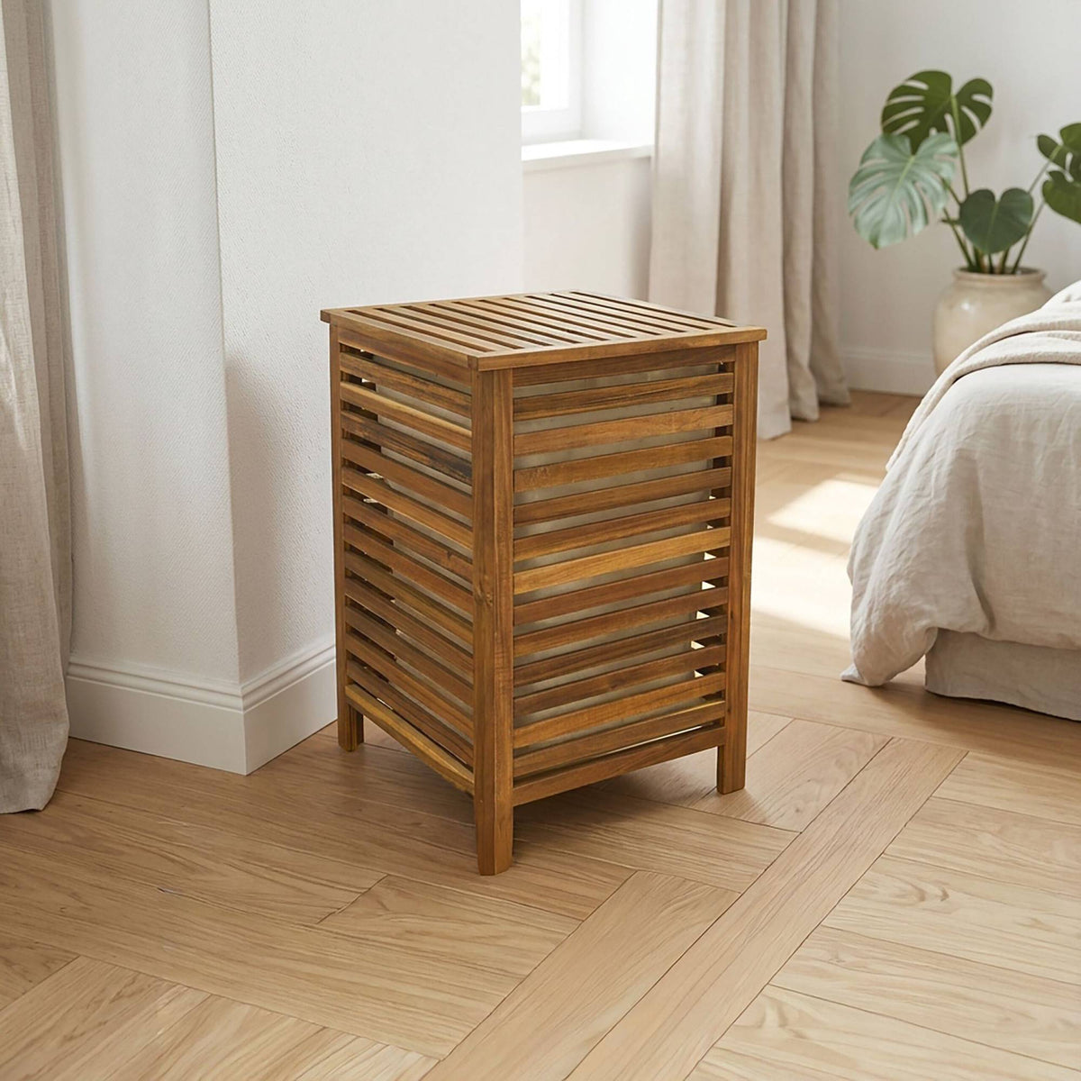 Acacia Wood Laundry Hamper with Lid & Removable Bag