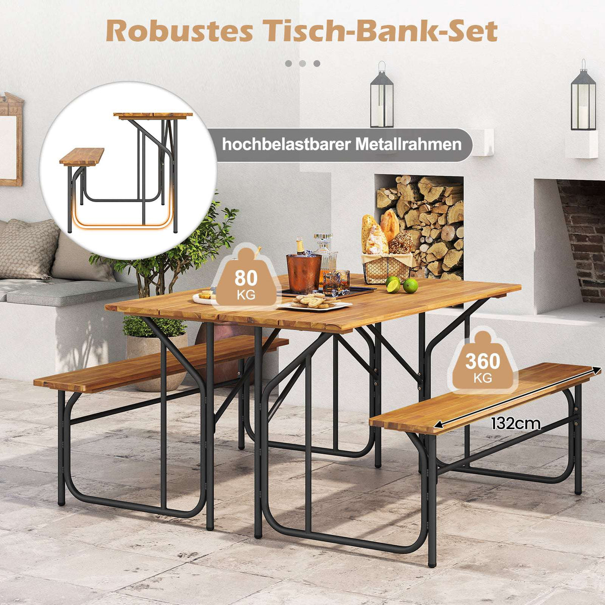 Acacia Wood Picnic Table Set for 2 with Metal Legs