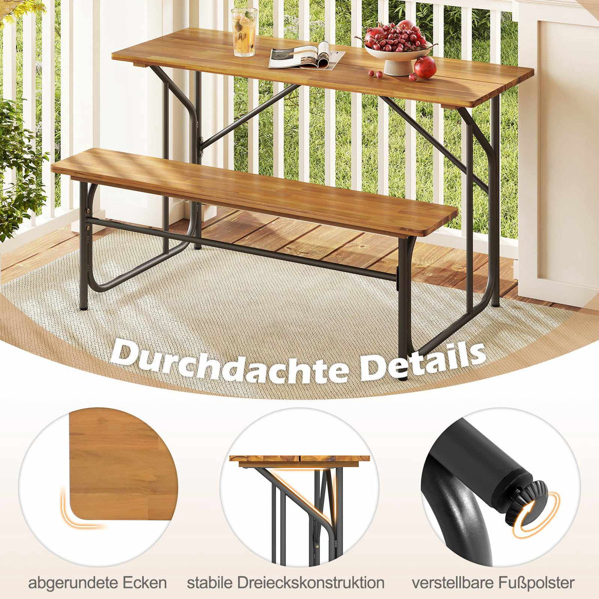 Acacia Wood Picnic Table Set for 2 with Metal Legs