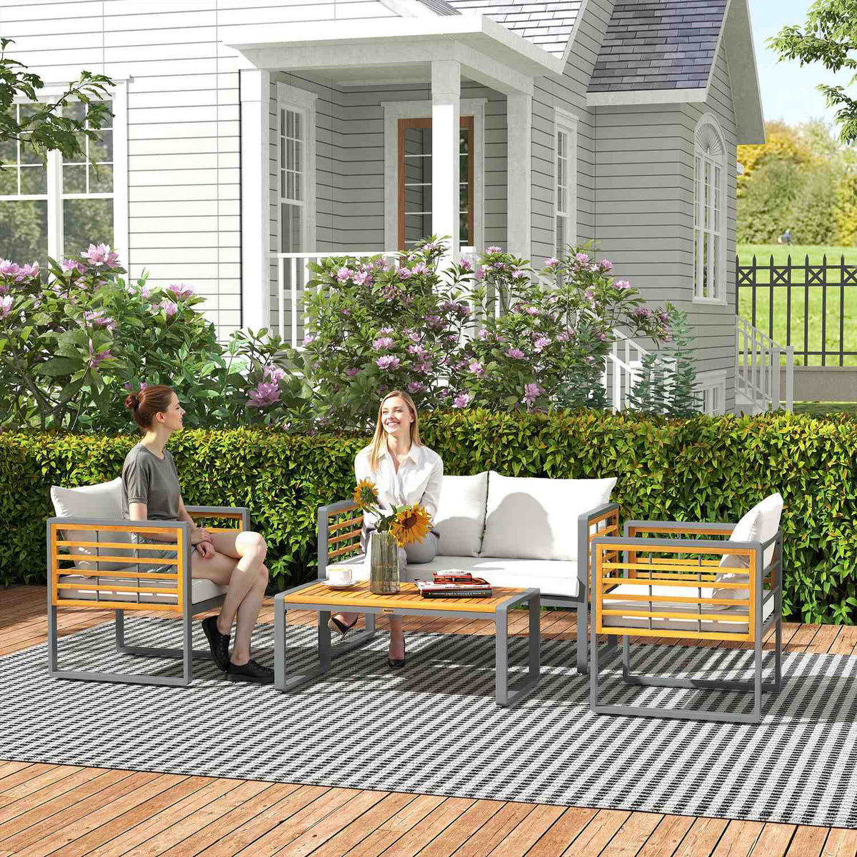 Acacia wood garden furniture set, seating group for 4 people, garden lounge with 2-seater sofa, 2 armchairs, cushions, side table in slat design, outdoor balcony furniture, patio furniture for garden, balcony, beige