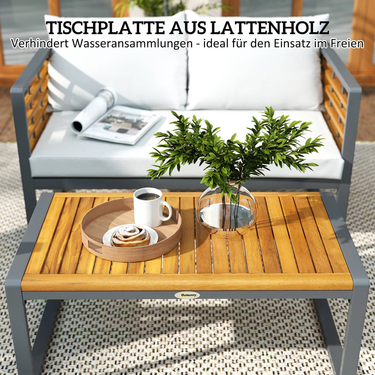 Acacia wood garden furniture set, seating group for 4 people, garden lounge with 2-seater sofa, 2 armchairs, cushions, side table in slat design, outdoor balcony furniture, patio furniture for garden, balcony, beige