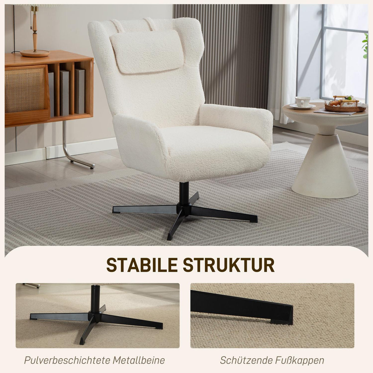 Accent Chair, Fleece Upholstery, Swivel Base, Cream White