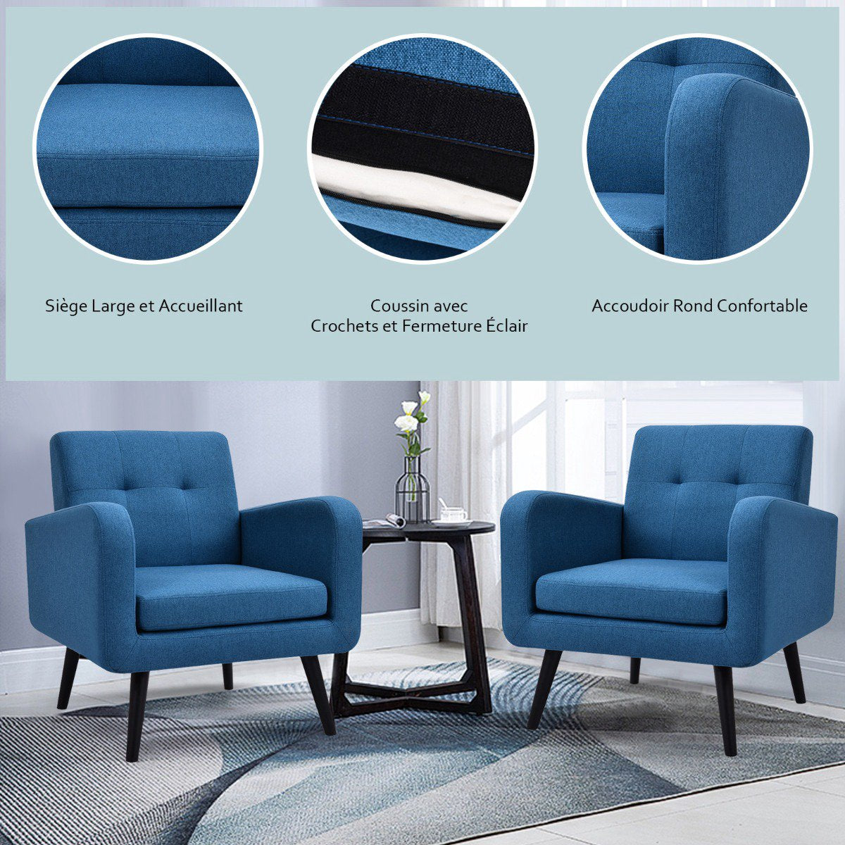 Accent Chair, Linen Upholstery, Rubberwood Legs, Blue