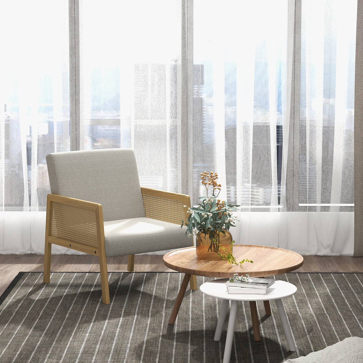 Accent Chair, Relaxation Chair & Lounge Chair With Armrest In Rattan Look, Upholstered, Linen Look, For Living Room